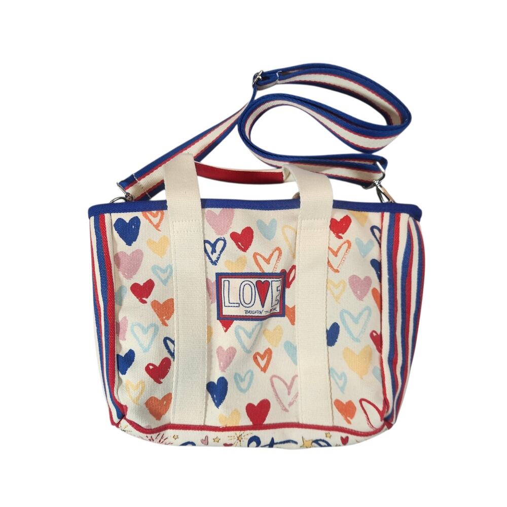 Brighton Love Heart Print Canvas Crossbody mini tote Red White Blue Strap